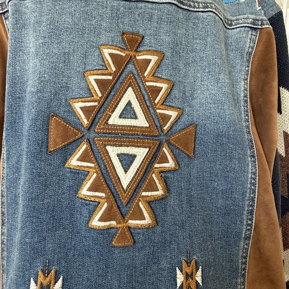 Scully Denim Jacket 2XL Aztec Embroidered Knit Sleeve Western Boho Stretch - Picture 4 of 12